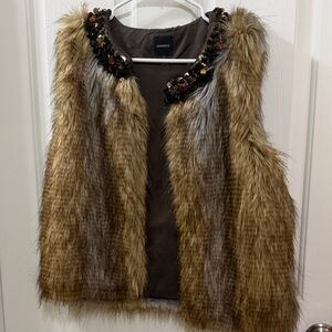 Express Brown Faux Fur Vest with Embellished Details